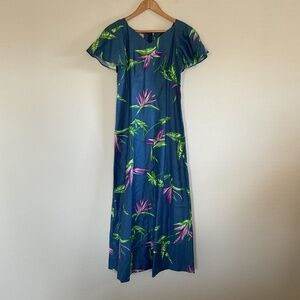 VTG Hukilau Fashions Honolulu Tropical Floral Maxi Dress Sz S Blue Purple Green